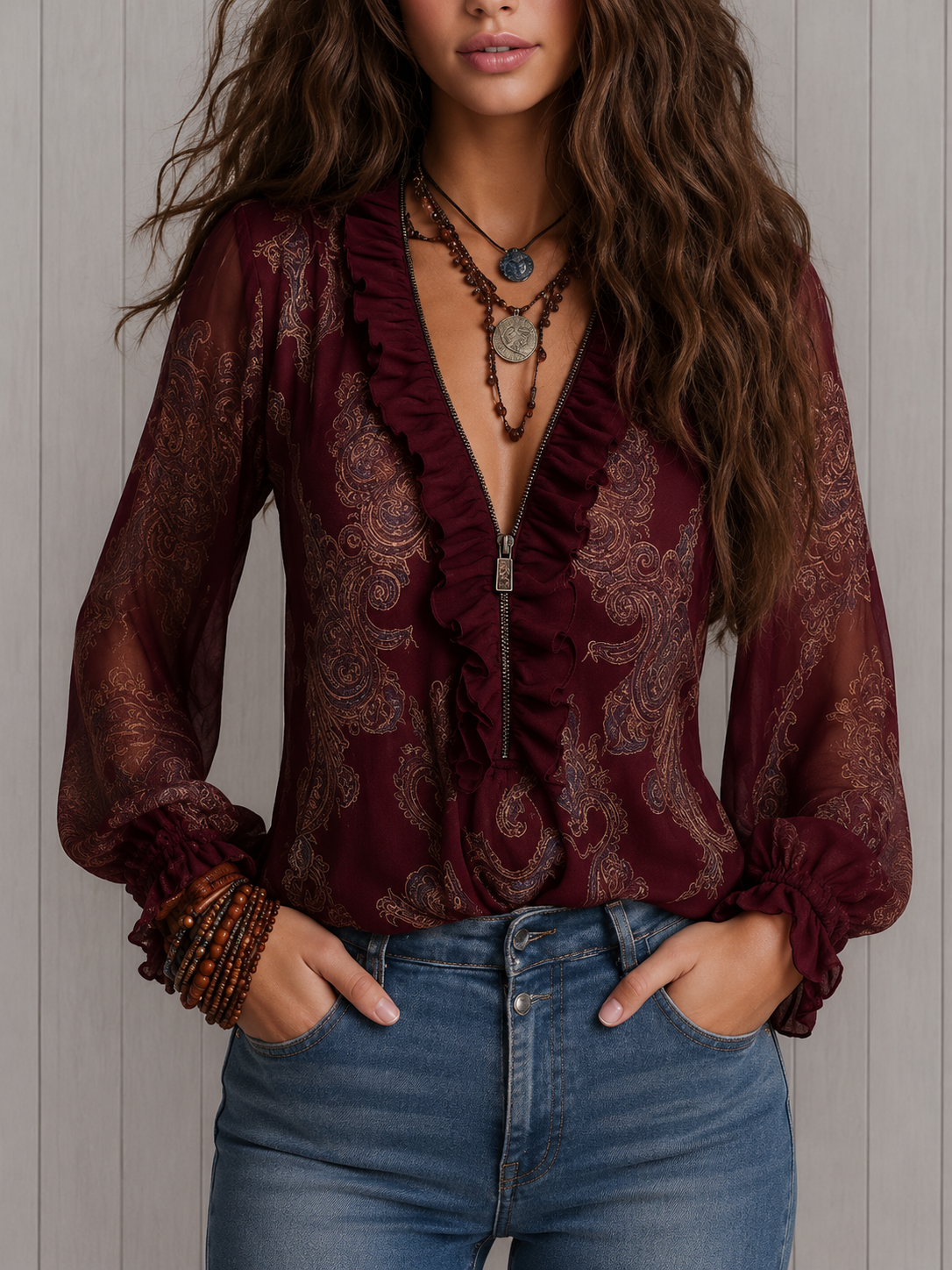 Bennett and Lowe Elise long-sleeve blouse with baroque paisley ruffle neck, elegant women’s fashion top featuring intricate pattern and details.