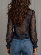 Elise Bennett and Lowe long-sleeve blouse with ruffle neckline and baroque paisley pattern for women.