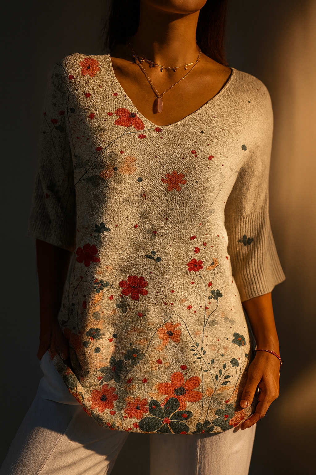 Camisola de malha casual para mulher com padrão floral vintage impresso