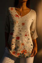 Camisola de malha casual para mulher com padrão floral vintage impresso