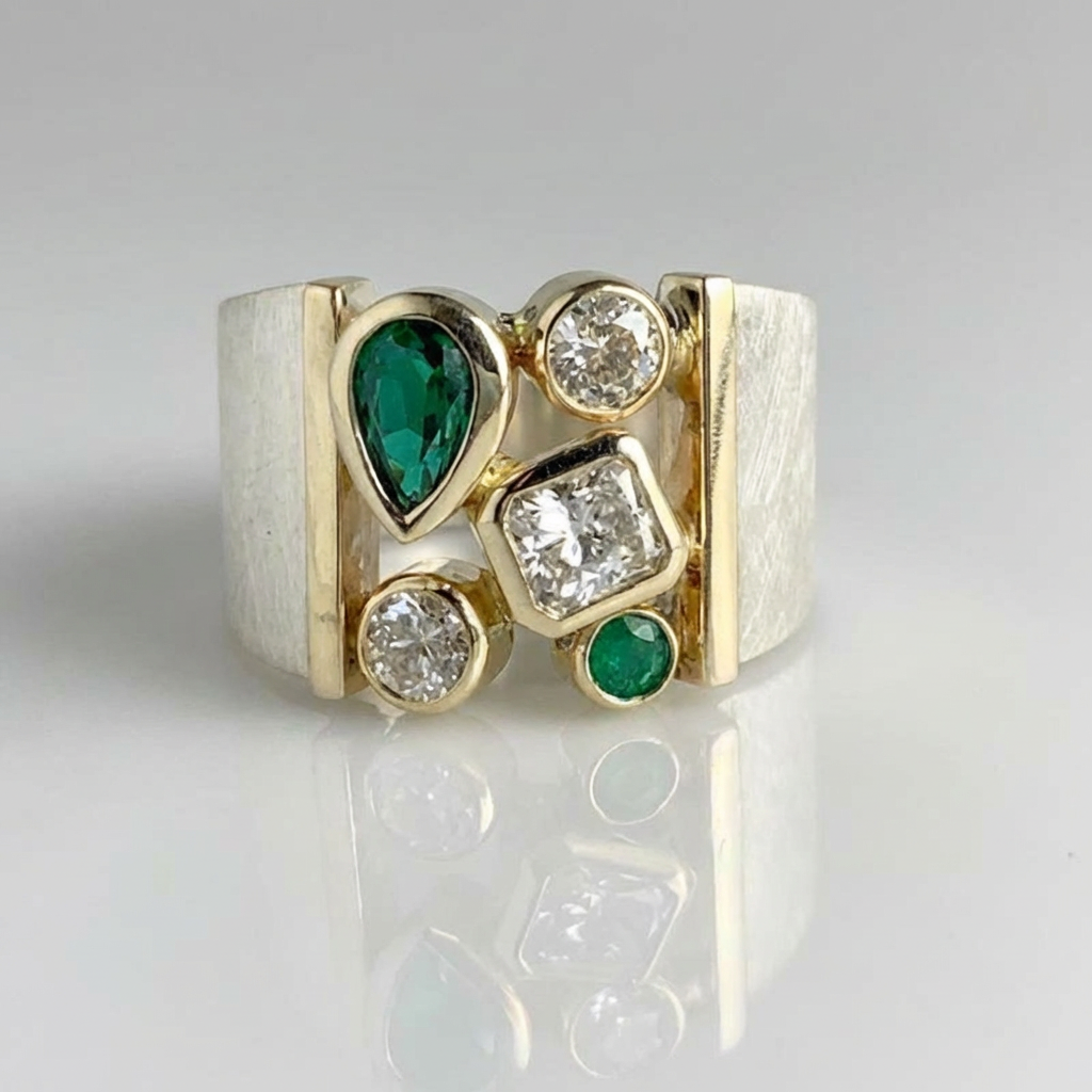 Anillo clásico de cara ancha con circonitas blancas y verdes