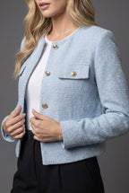 Cropped Tweed Blazer with Gold Buttons and Flap Pockets