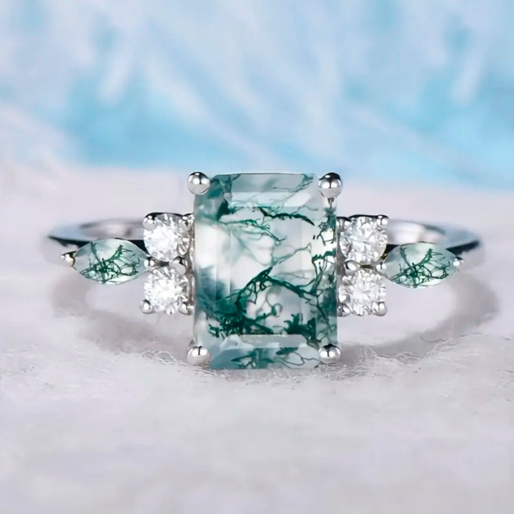 Anillo de cristal cúbico de ágata musgo
