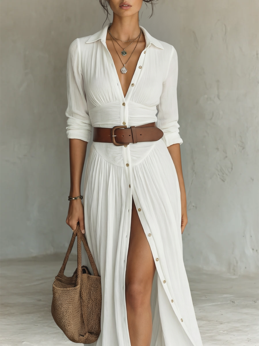 Vestido largo de lino con cuello con solapas y mangas largas