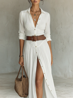 Vestido largo de lino con cuello con solapas y mangas largas