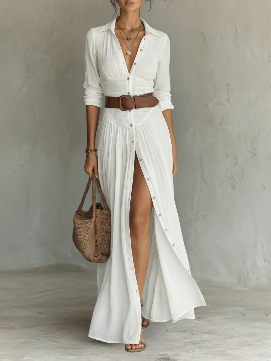 Vestido largo de lino con cuello con solapas y mangas largas