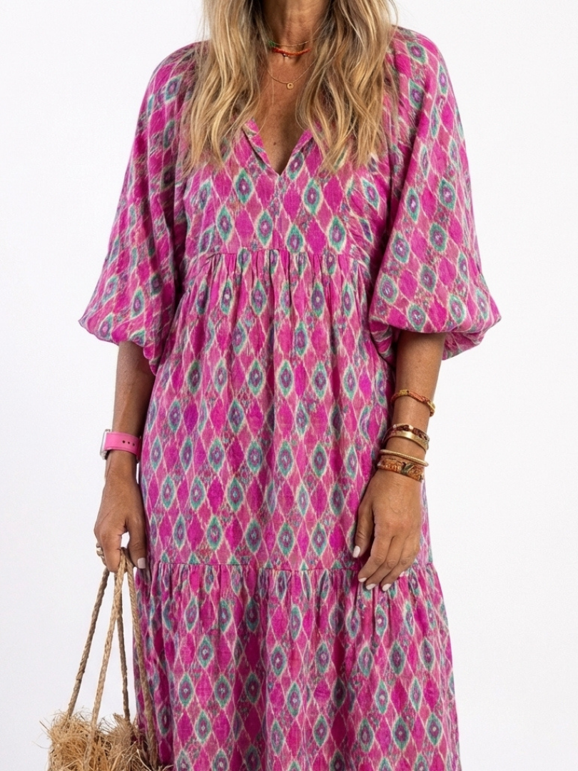 Apolline | Vestido midi estampado com decote em V e mangas a três quartos