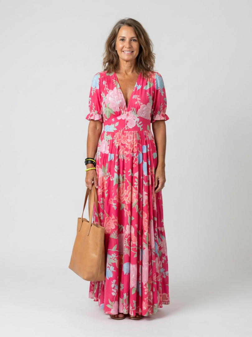 Ione | Vestido midi floral com mangas curtas e decote em V