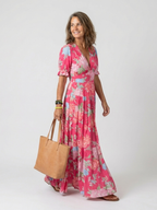 Ione | Vestido midi floral com mangas curtas e decote em V