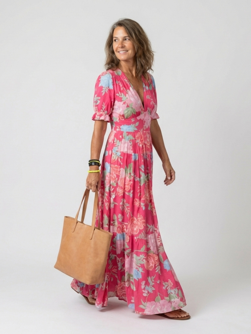 Ione | Vestido midi floral com mangas curtas e decote em V