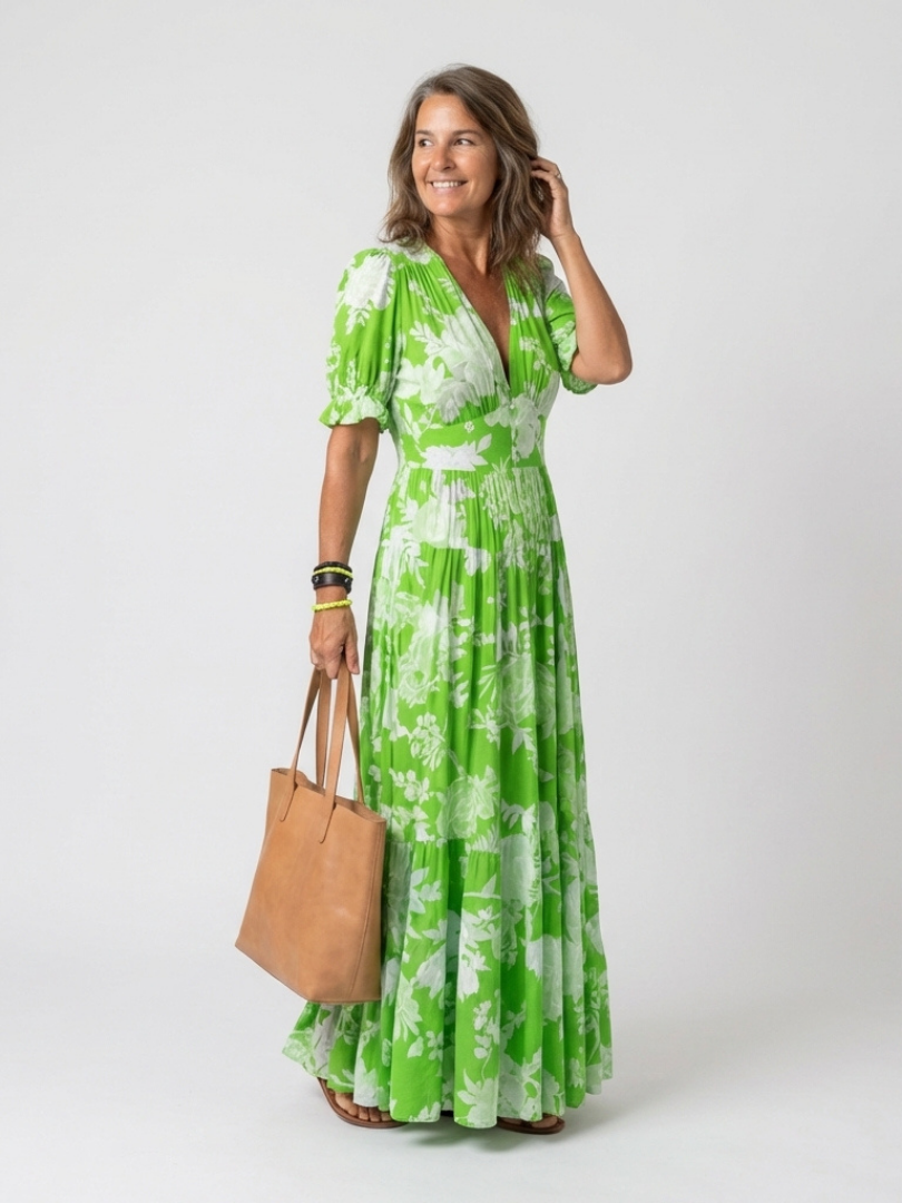 Ione | Vestido Midi Floral de Manga Corta con Escote en V
