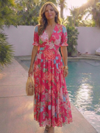 Ione | Vestido midi floral com mangas curtas e decote em V