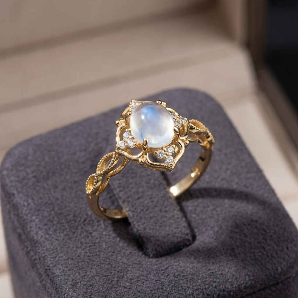Elegante anillo de piedra lunar ojo de gato con flor hueca