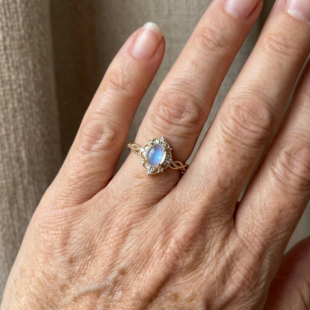 Elegante anillo de piedra lunar ojo de gato con flor hueca