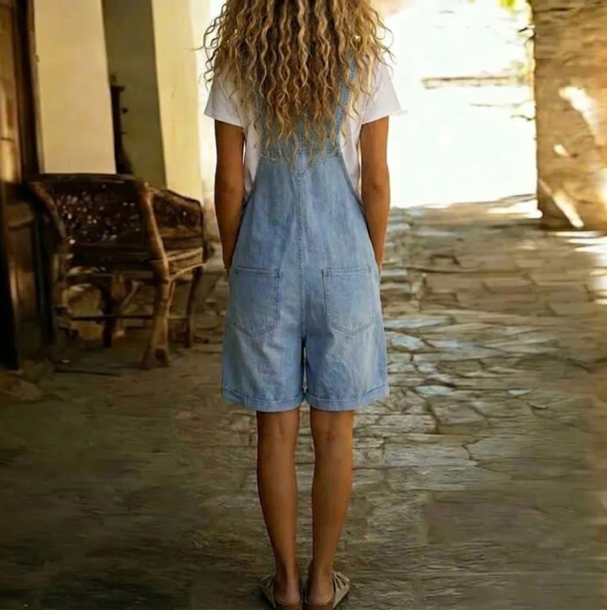 Clara | Jardineira jeans curta azul-clara com aparência de algodão macio e lavagem vintage