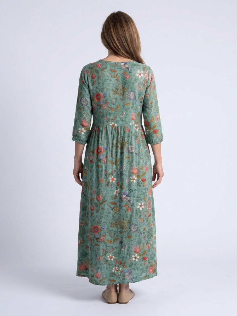 Marina | Vestido Largo Floral con Escote en V y Manga Tres Cuartos