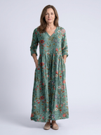 Marina | Vestido Largo Floral con Escote en V y Manga Tres Cuartos