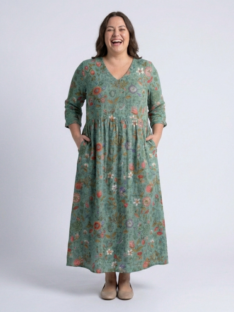 Marina | Vestido Largo Floral con Escote en V y Manga Tres Cuartos