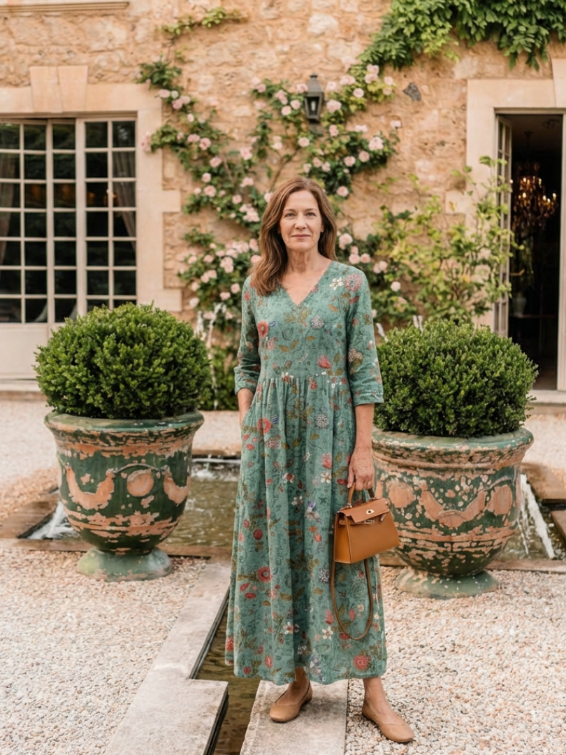 Marina | Vestido Largo Floral con Escote en V y Manga Tres Cuartos