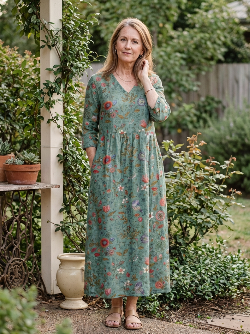 Marina | Vestido Largo Floral con Escote en V y Manga Tres Cuartos