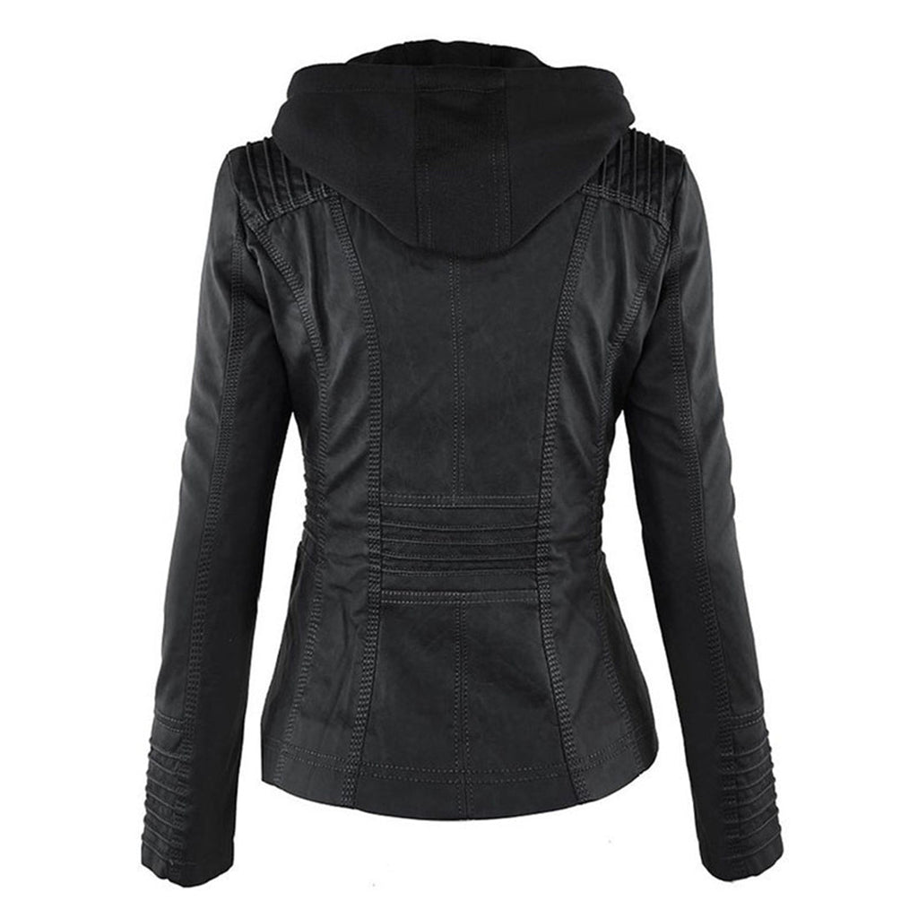 Leather Biker Jacket with Removable Hood and Zip Detail