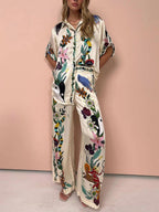 Conjunto de camisa de cetim estampada e calças Luca