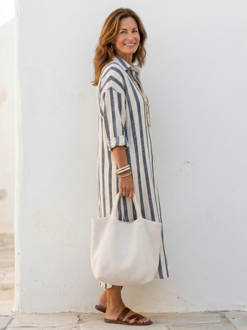 Naomi | Vestido-camisa midi às riscas, de manga comprida