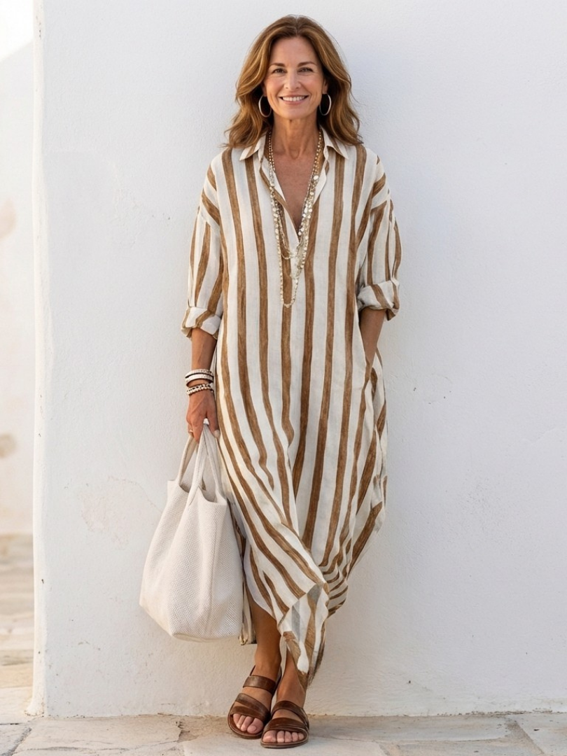 Naomi | Vestido-camisa midi às riscas, de manga comprida