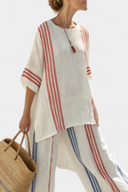 Solvane | Top sofisticado de rayas multicolor y pantalón mediterráneo
