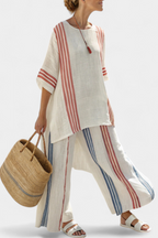 Solvane | Top sofisticado de rayas multicolor y pantalón mediterráneo