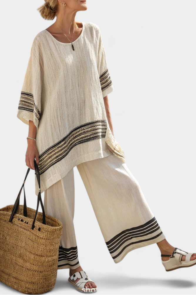 Harlowe | Top elegante de linho às riscas pretas e calças fluidas