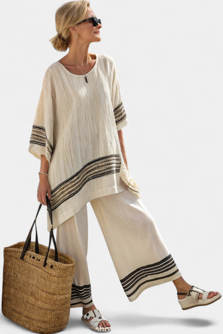Harlowe | Top elegante de linho às riscas pretas e calças fluidas