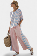 Virella | Blusa elegante de linho rosa e azul e calças macias