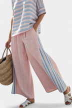 Virella | Blusa elegante de linho rosa e azul e calças macias