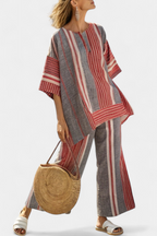 Bravine | Top elegante de linho coral e cinzento e calças de perna larga