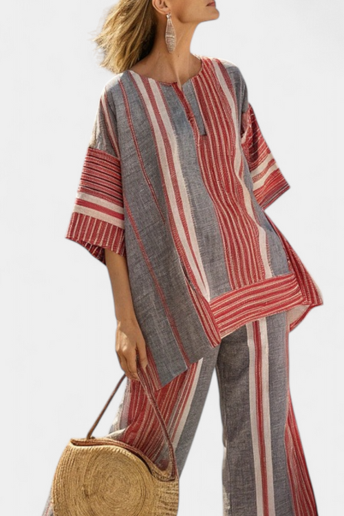 Bravine | Top elegante de lino coral y gris y pantalones de pierna ancha