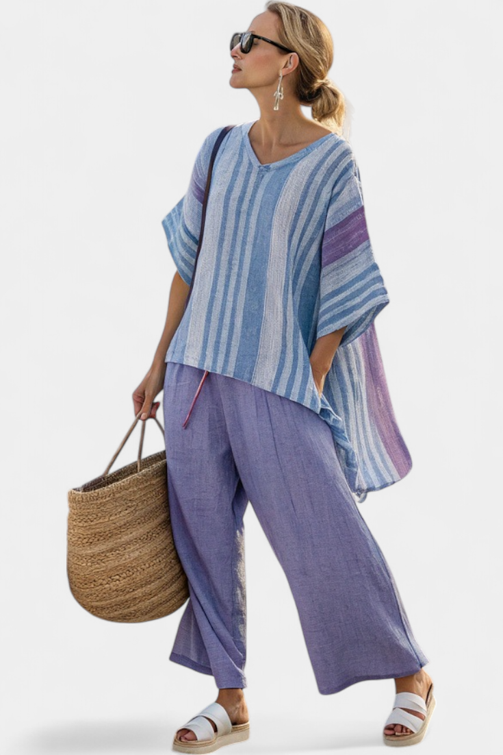 Zellora | Top elegante lavanda e azul-celeste e calças de linho