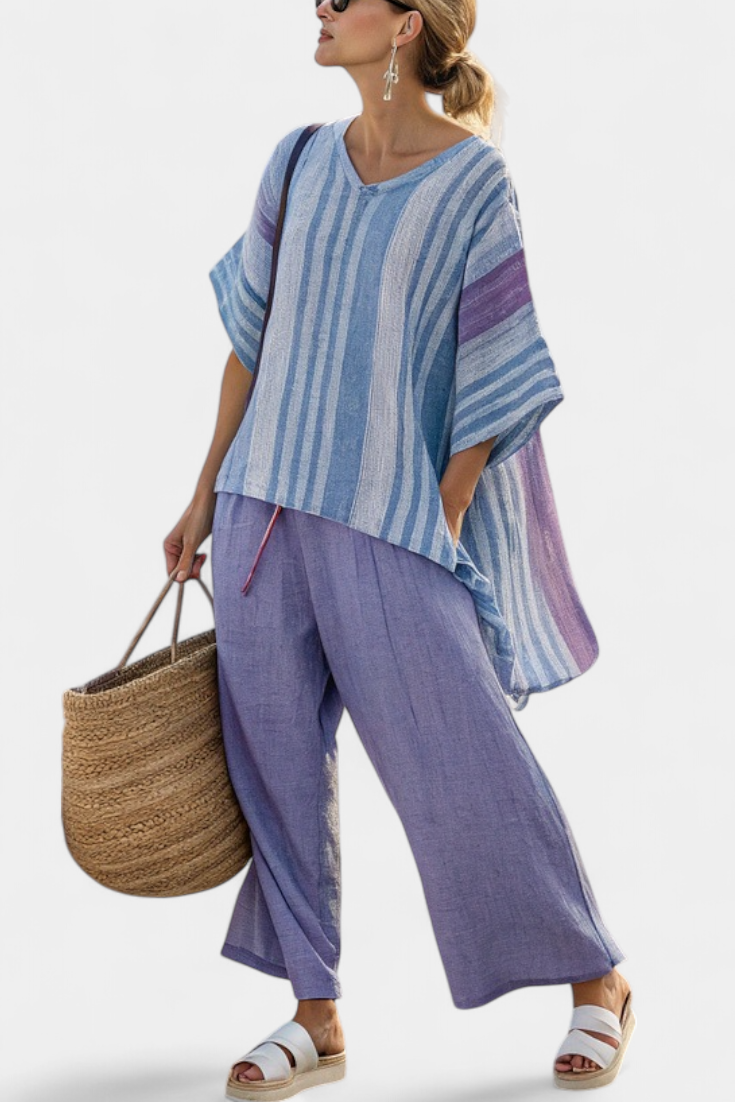 Zellora | Top elegante lavanda y azul celeste y pantalón de lino