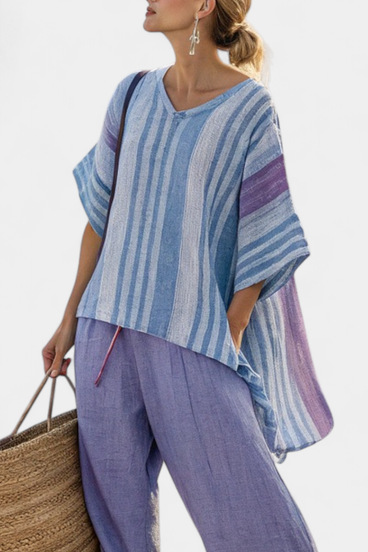 Zellora | Top elegante lavanda y azul celeste y pantalón de lino