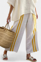 Anselor | Top elegante de linho amarelo às riscas e calças de perna larga