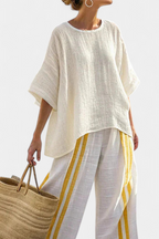 Anselor | Top elegante de linho amarelo às riscas e calças de perna larga