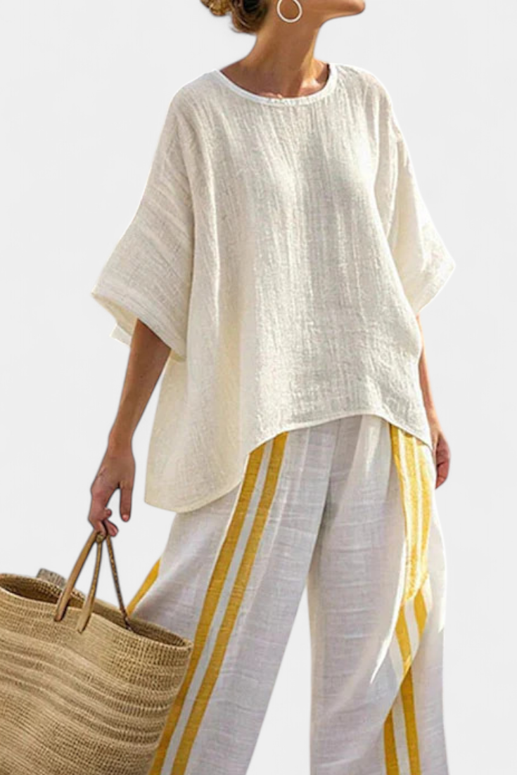 Anselor | Top elegante de linho amarelo às riscas e calças de perna larga