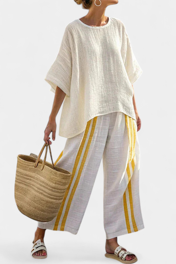 Anselor | Top elegante de linho amarelo às riscas e calças de perna larga