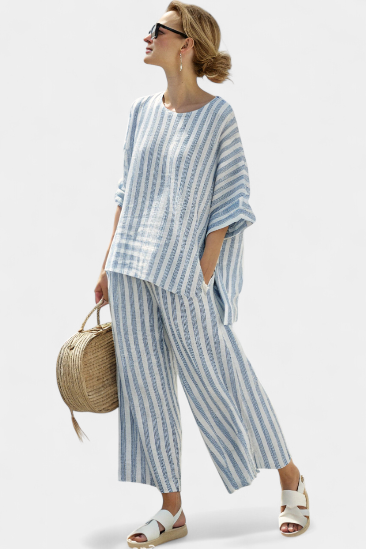 Rensleigh | Top sofisticado de linho azul às riscas e calças descontraídas