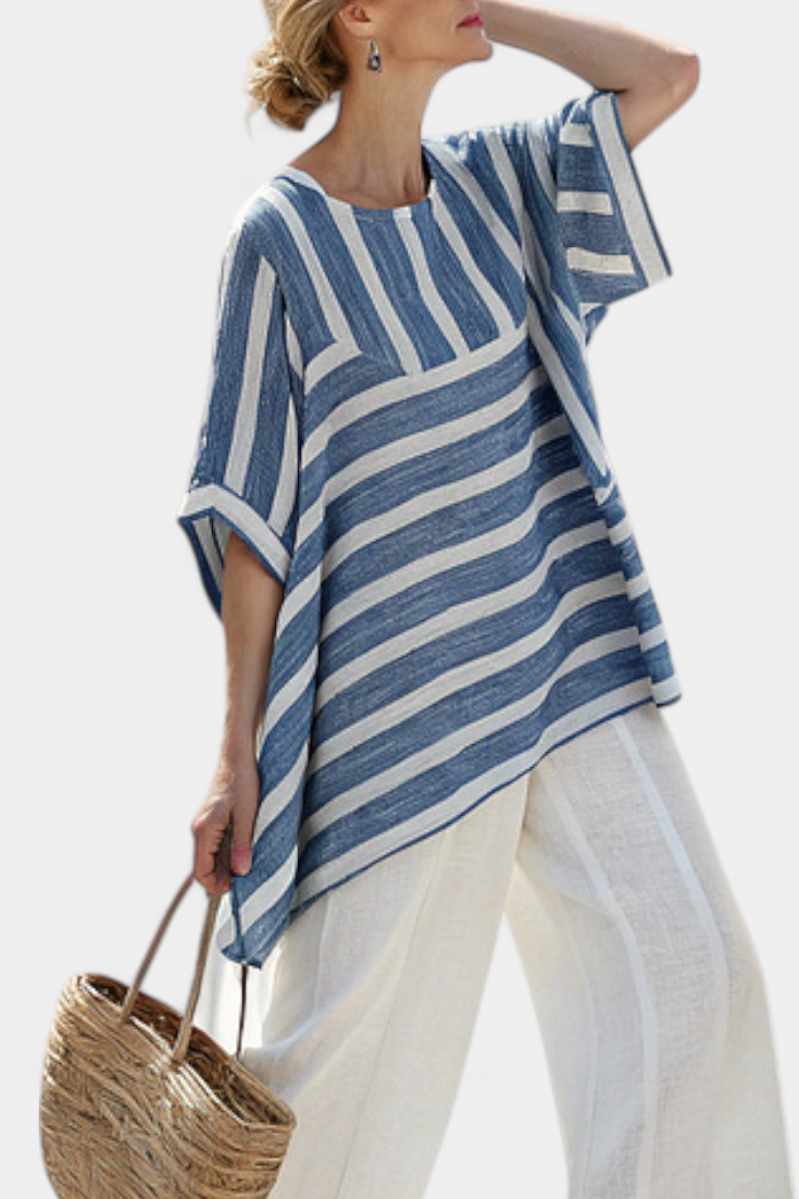 Corvielle | Top sofisticado azul às riscas e calças com bainha detalhada