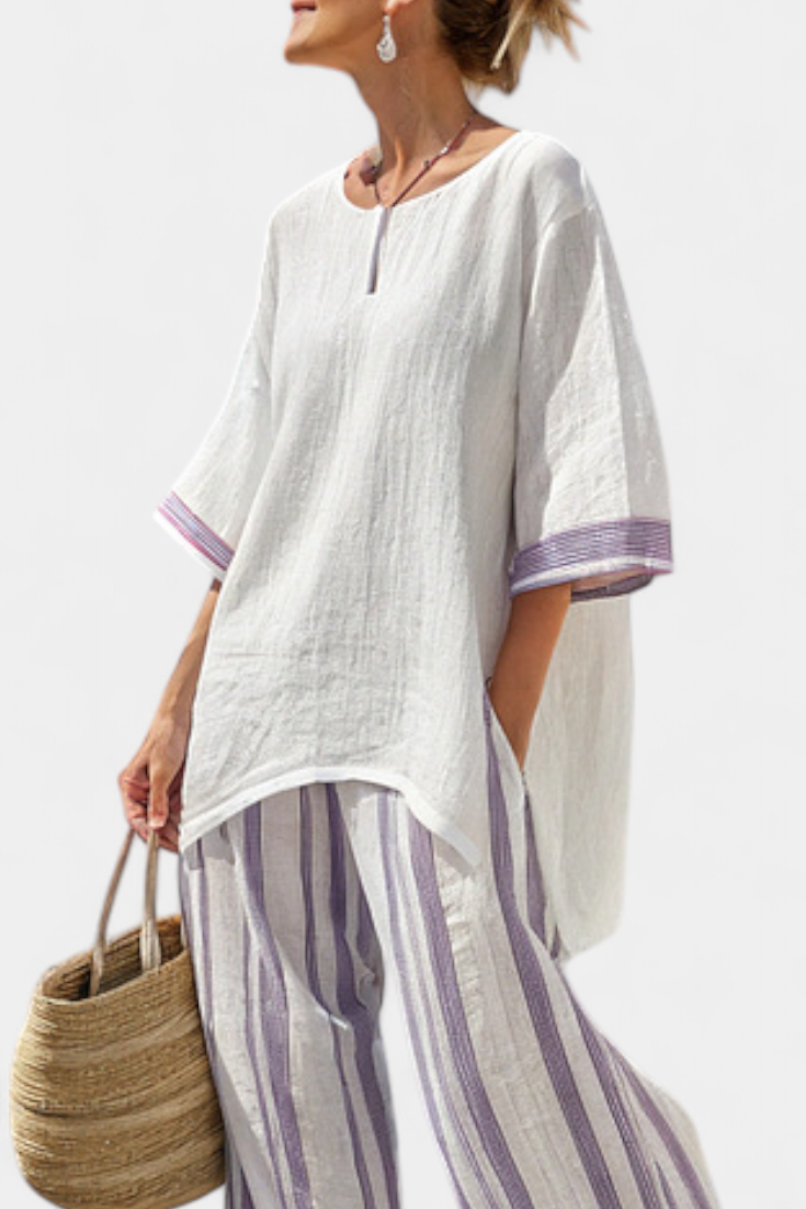 Luxmere | Blusa confortável de corte descontraído e calças às riscas de bambu
