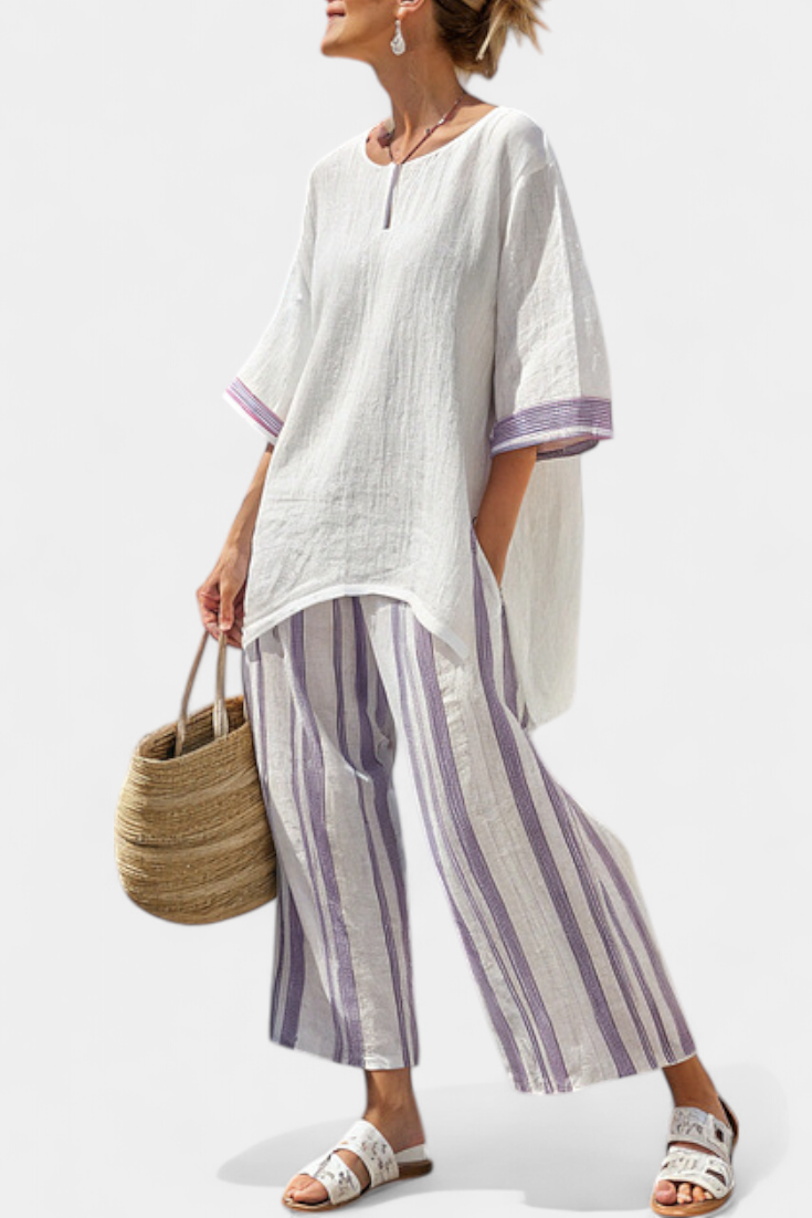 Luxmere | Blusa confortável de corte descontraído e calças às riscas de bambu