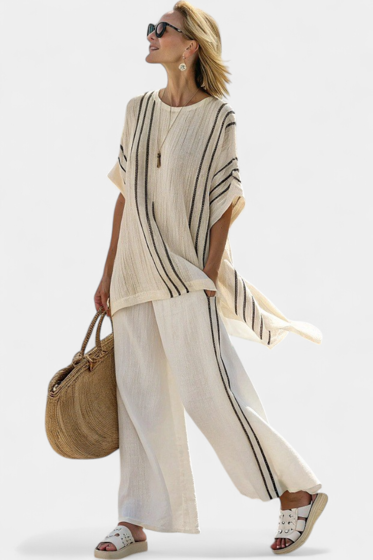 Greysen | Blusa elegante de linho marfim e calças às riscas pretas