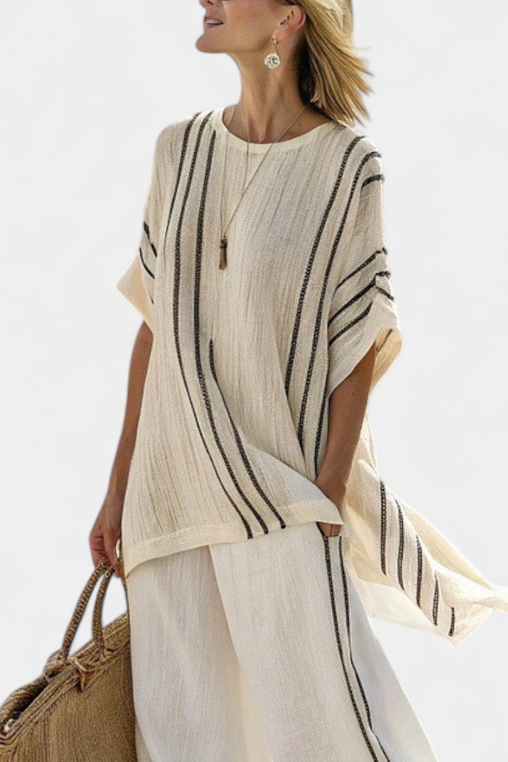 Greysen | Blusa elegante de linho marfim e calças às riscas pretas