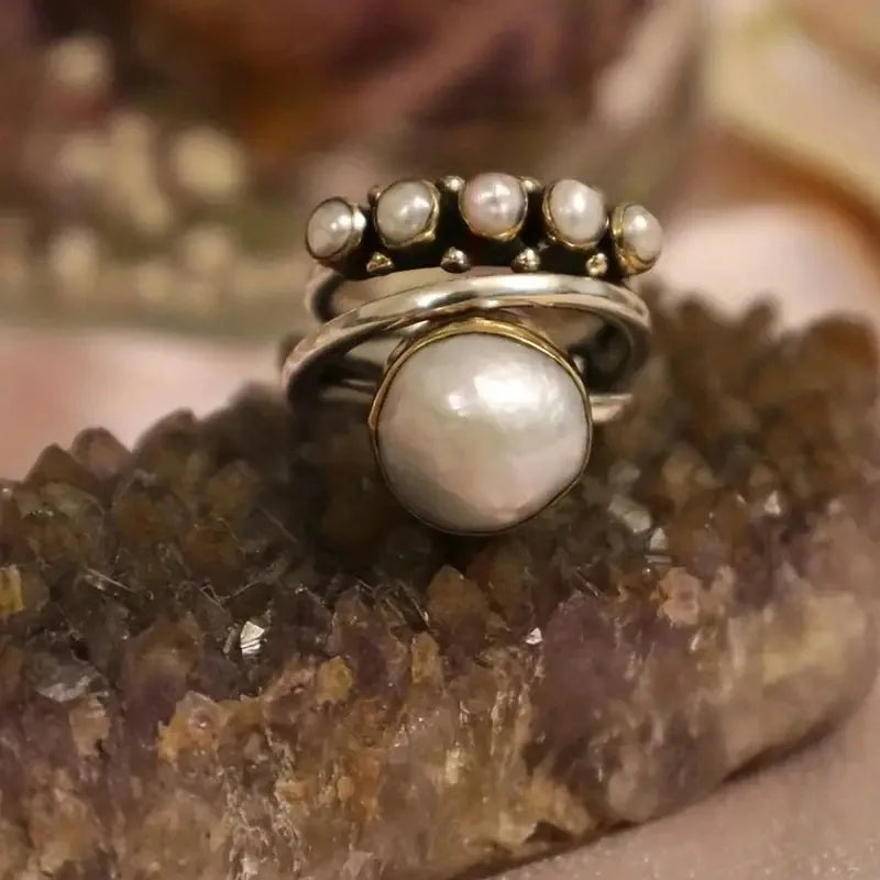 Conjunto de anéis de pérola de prata para composição
